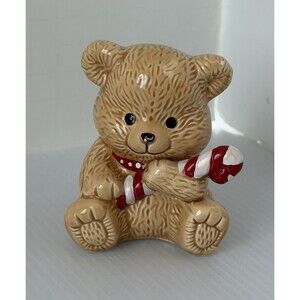 Vintage 1990s Teddy Bear Christmas Figurine Ceramic Candy Cane 3” Mini  Decor